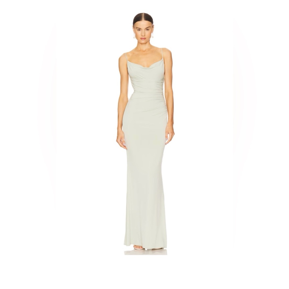 Katie May Pale Cream Satin Cowl-Neck Evening Gown